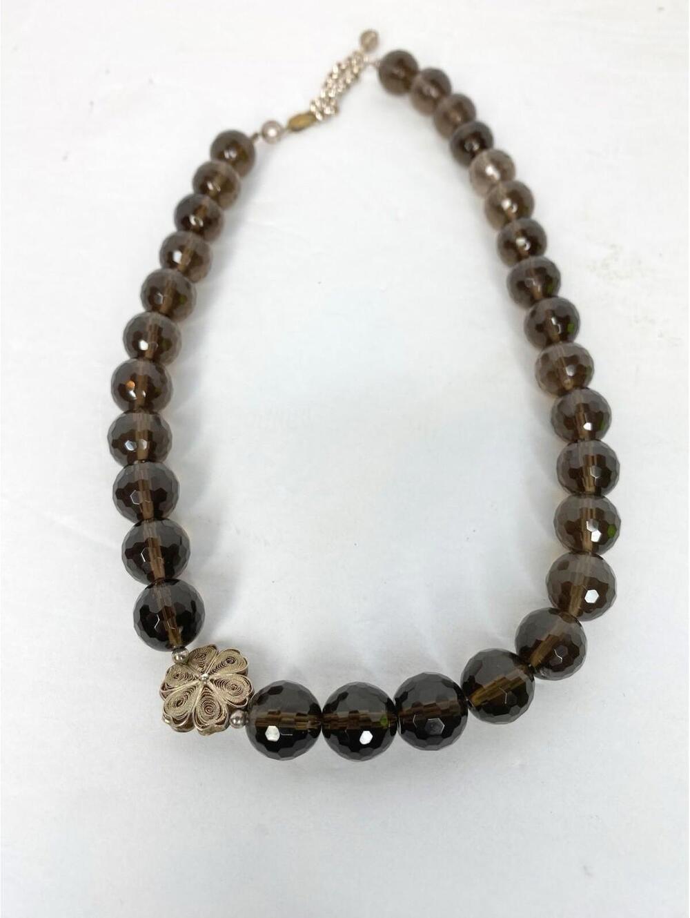 Smoky Quartz Faceted Natural Brown Gemstone Ball With 925 Clasp Necklace